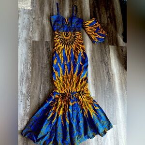 Vibrant Orange and Blue Floral Stitched Long Dress – 2-Piece YL-5 main image 1